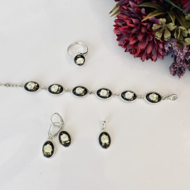 NEW Set Rose Engraved Baltic Amber, Hand-Carved Natural Amber in Sterling Silver
