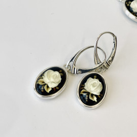 Set Rose Engraved Baltic Amber, Hand-Carved Natural Amber in Sterling Silver
