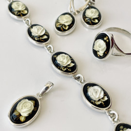 Set Rose Engraved Baltic Amber, Hand-Carved Natural Amber in Sterling Silver