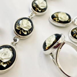 Set Rose Engraved Baltic Amber, Hand-Carved Natural Amber in Sterling Silver