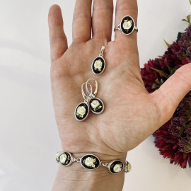Set Rose Engraved Baltic Amber, Hand-Carved Natural Amber in Sterling Silver