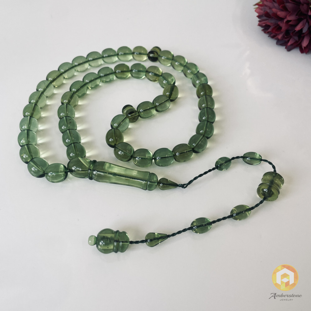 Green Islamic Prayer Beads, Olive Amber Muslim Beads