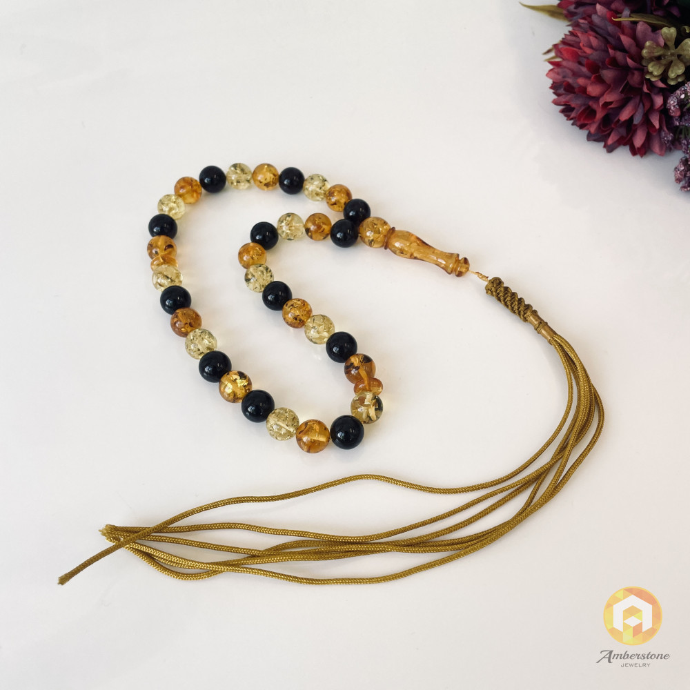 Multicolor Baltic Amber Tespih, 33 Beads Handmade Amber, Multicolored Amber Misbaha