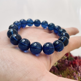 Blue Amber Round Beads, Bracelet in Deep Blue Color Amber