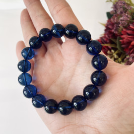 Blue Amber Round Beads, Bracelet in Deep Blue Color Amber