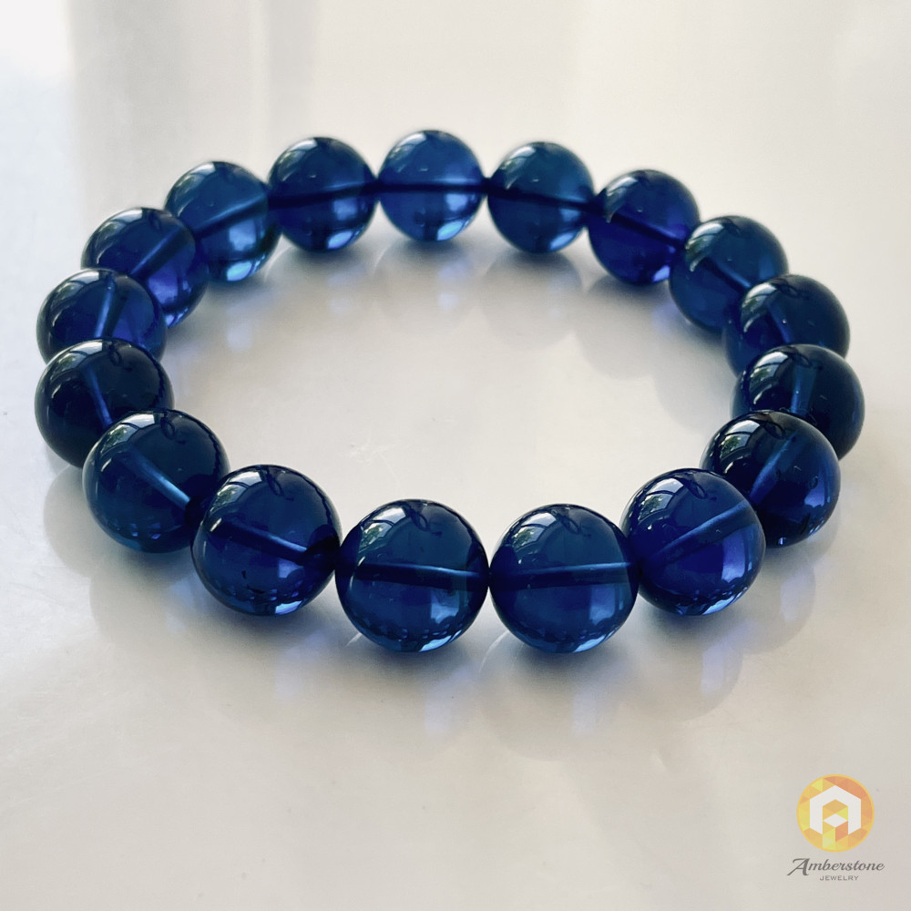 Blue Amber Round Beads, Bracelet in Deep Blue Color Amber