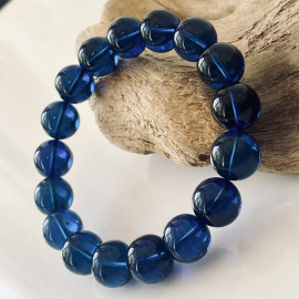 Blue Amber Round Beads, Bracelet in Deep Blue Color Amber