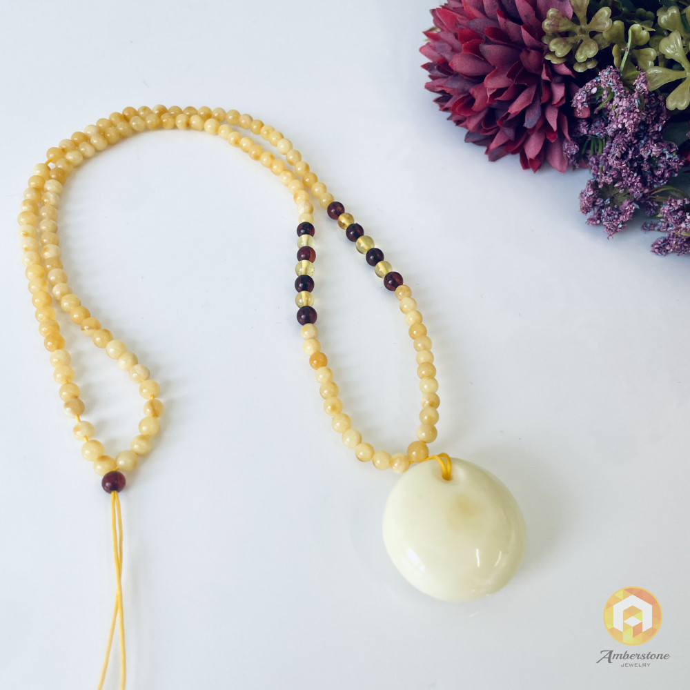 Handmade White Amber Pendant, with Baltic Amber Beaded Necklace