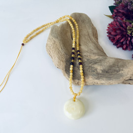 Handmade White Amber Pendant, with Baltic Amber Beaded Necklace