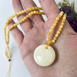 Handmade White Amber Pendant, with Baltic Amber Beaded Necklace