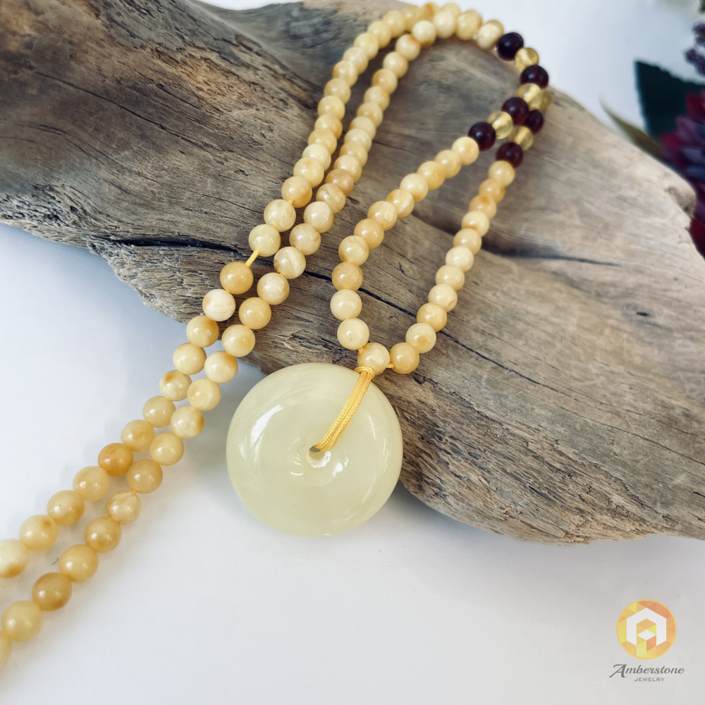 Handmade White Amber Donut, with Baltic Amber Beaded Necklace