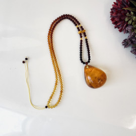 Cognac Baltic Amber Necklace, Ombre Beaded Necklace with Teardrop Amber Pendant