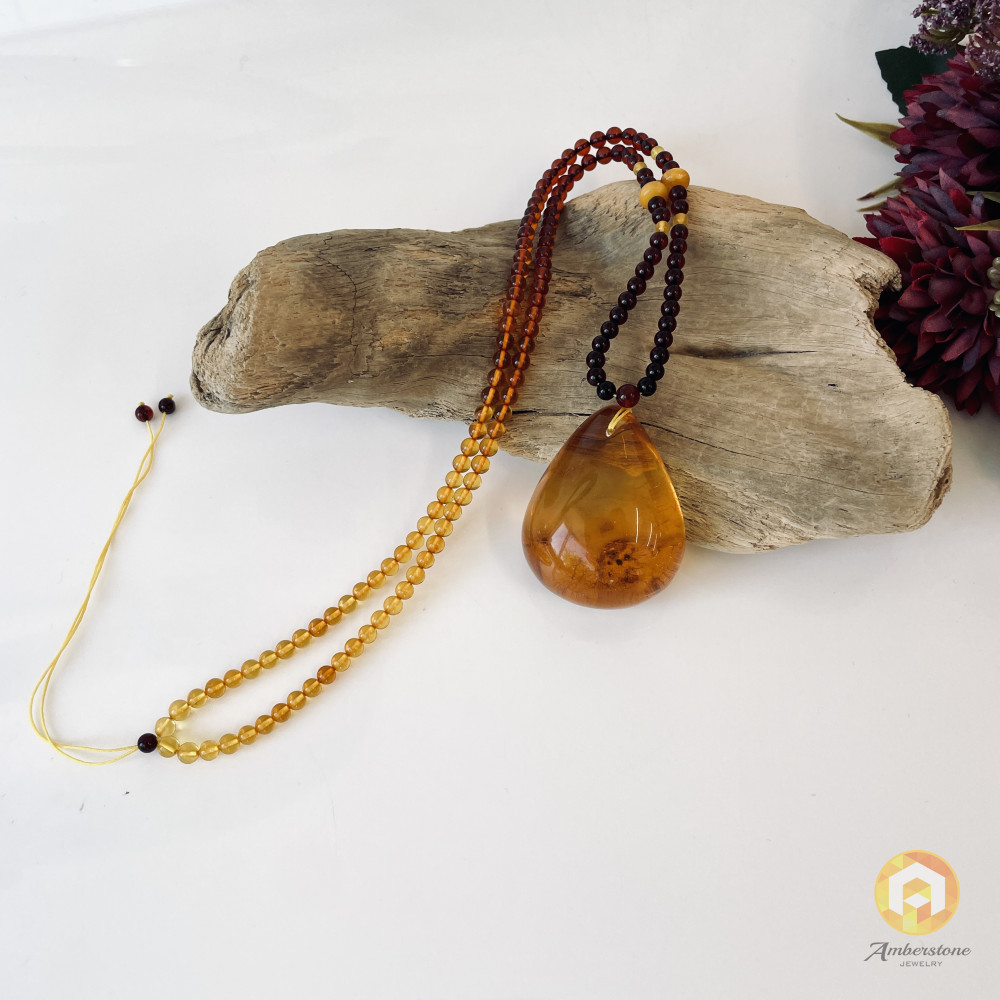 Cognac Baltic Amber Necklace, Ombre Beaded Necklace with Teardrop Amber Pendant
