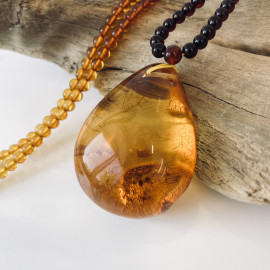 Cognac Baltic Amber Necklace, Ombre Beaded Necklace with Teardrop Amber Pendant