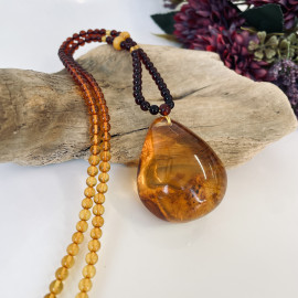 Cognac Baltic Amber Necklace, Ombre Beaded Necklace with Teardrop Amber Pendant