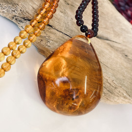 Cognac Baltic Amber Necklace, Ombre Beaded Necklace with Teardrop Amber Pendant