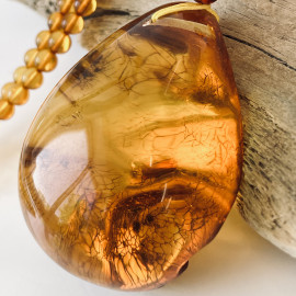 Cognac Baltic Amber Necklace, Ombre Beaded Necklace with Teardrop Amber Pendant