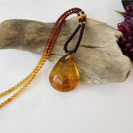 Cognac Baltic Amber Necklace, Ombre Beaded Necklace with Teardrop Amber Pendant