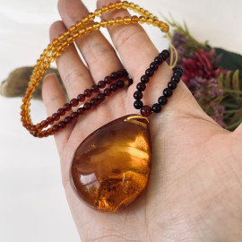 Cognac Baltic Amber Necklace, Ombre Beaded Necklace with Teardrop Amber Pendant