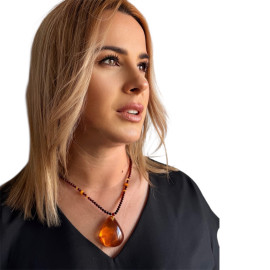 Cognac Baltic Amber Necklace, Ombre Beaded Necklace with Teardrop Amber Pendant
