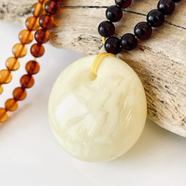 White Baltic Amber Pendant Necklace, Round Amber Pendant on Ombre Beaded Necklace