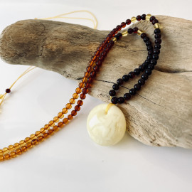 White Baltic Amber Pendant Necklace, Round Amber Pendant on Ombre Beaded Necklace