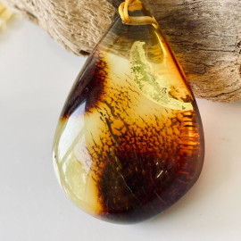 Beaded Necklace with Teardrop Natural Amber Pendant