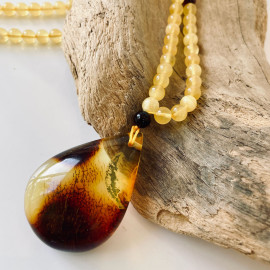 Cognac Baltic Amber Necklace, Beaded Necklace with Teardrop Natural Amber Pendant