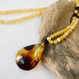 Cognac Baltic Amber Necklace, Beaded Necklace with Teardrop Natural Amber Pendant