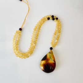 Cognac Baltic Amber Necklace, Beaded Necklace with Teardrop Natural Amber Pendant