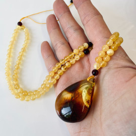 Beaded Necklace with Teardrop Natural Amber Pendant
