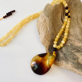 Beaded Necklace with Teardrop Natural Amber Pendant