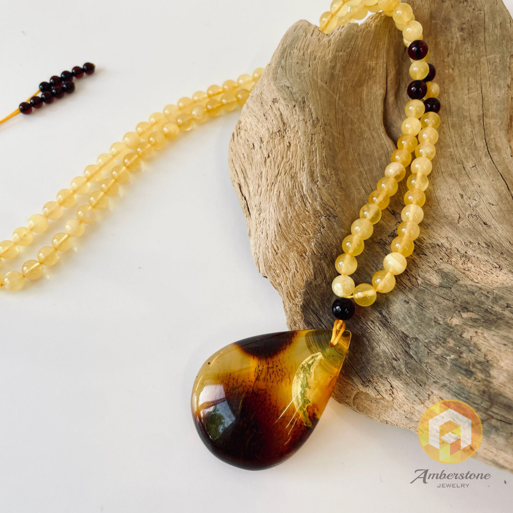 Beaded Necklace with Teardrop Natural Amber Pendant