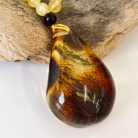 Cognac Baltic Amber Necklace, Beaded Necklace with Teardrop Natural Amber Pendant