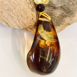 Cognac Baltic Amber Necklace, Beaded Necklace with Teardrop Natural Amber Pendant