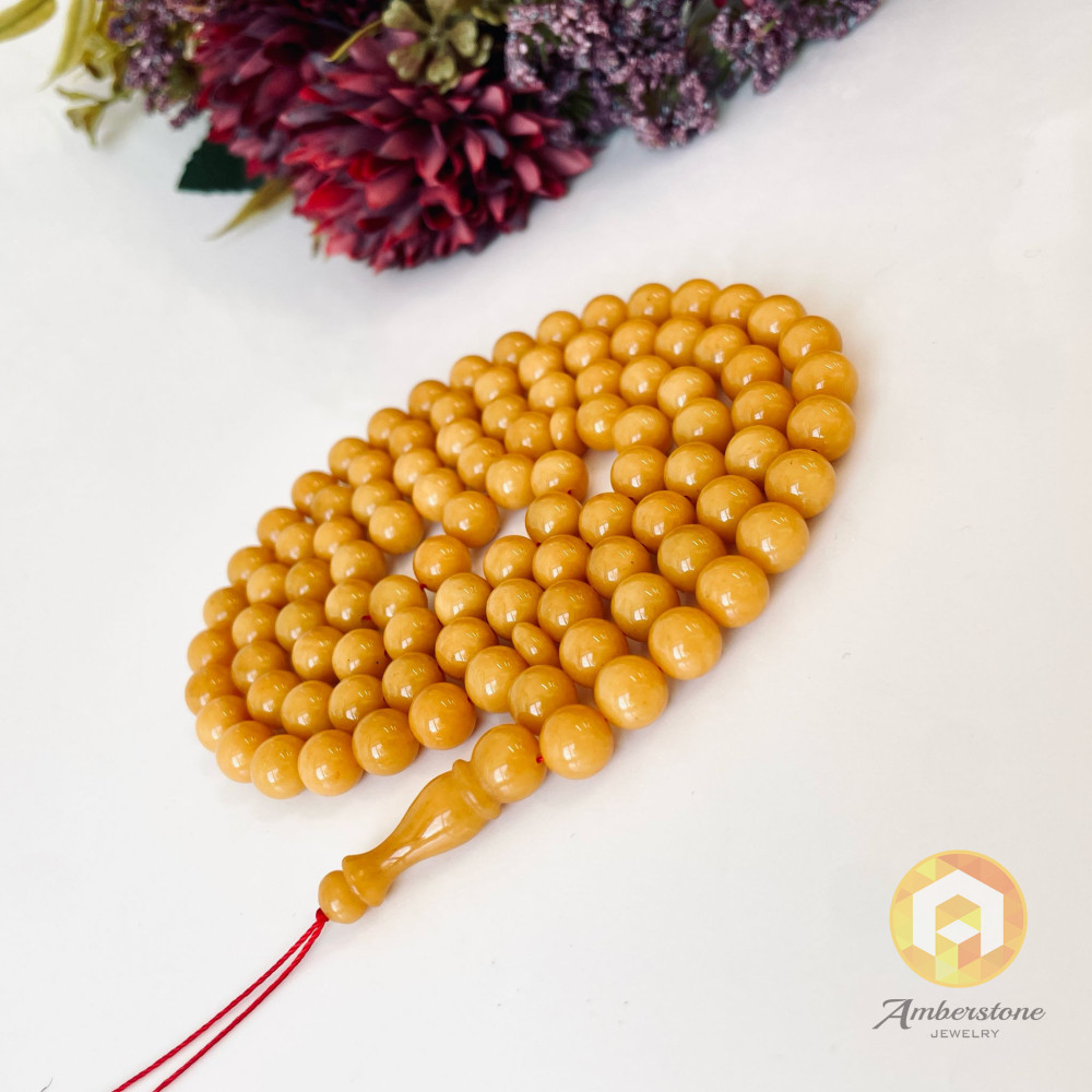 Yellow Baltic Amber Misbaha, 99 Round Beads Natural Amber Tasbih