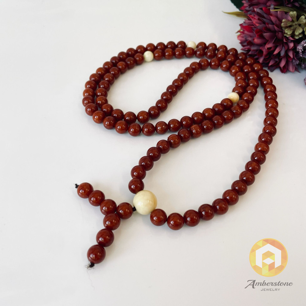 Baltic Amber Buddhist Mala, Natural Amber Prayer Beads Old Brown Beads