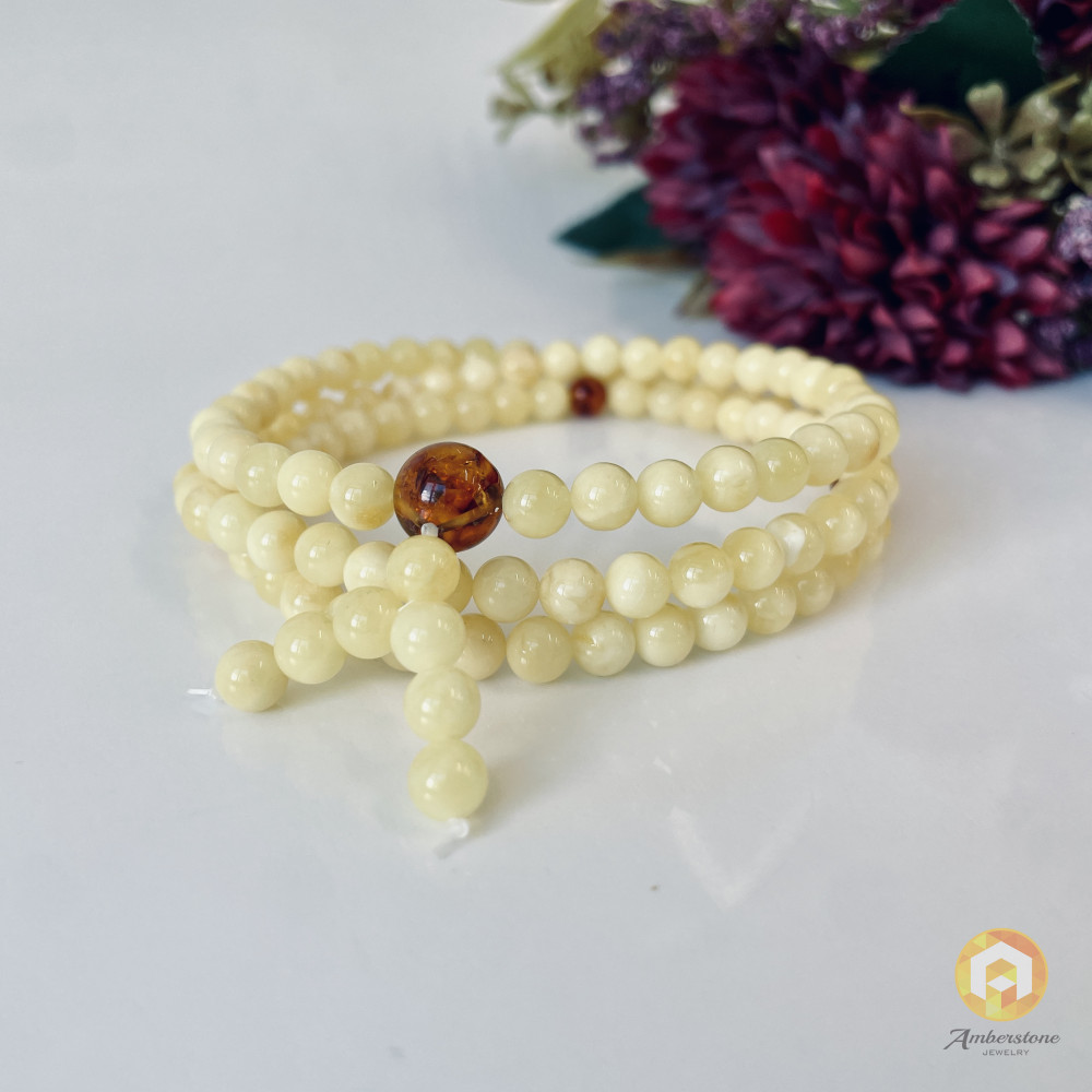 White Baltic Amber Mala, 6mm Natural Amber Mala with Cognac Separators