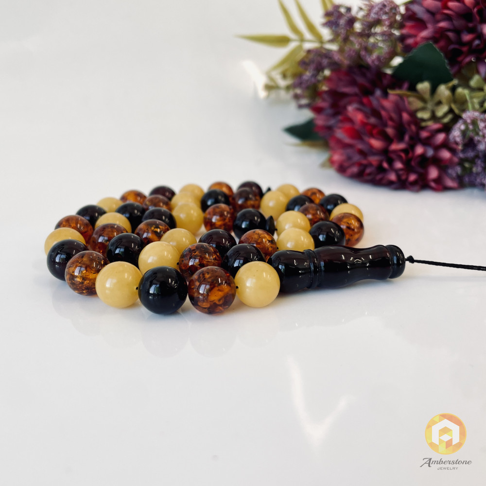 🎥 Multicolor Baltic Amber Tespih, 45 Beads Natural Amber Misbaha