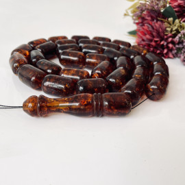 Massive Dark Cognac Red Amber Islamic Prayer Beads, Vintage Baltic Amber Rosary 33 Beads