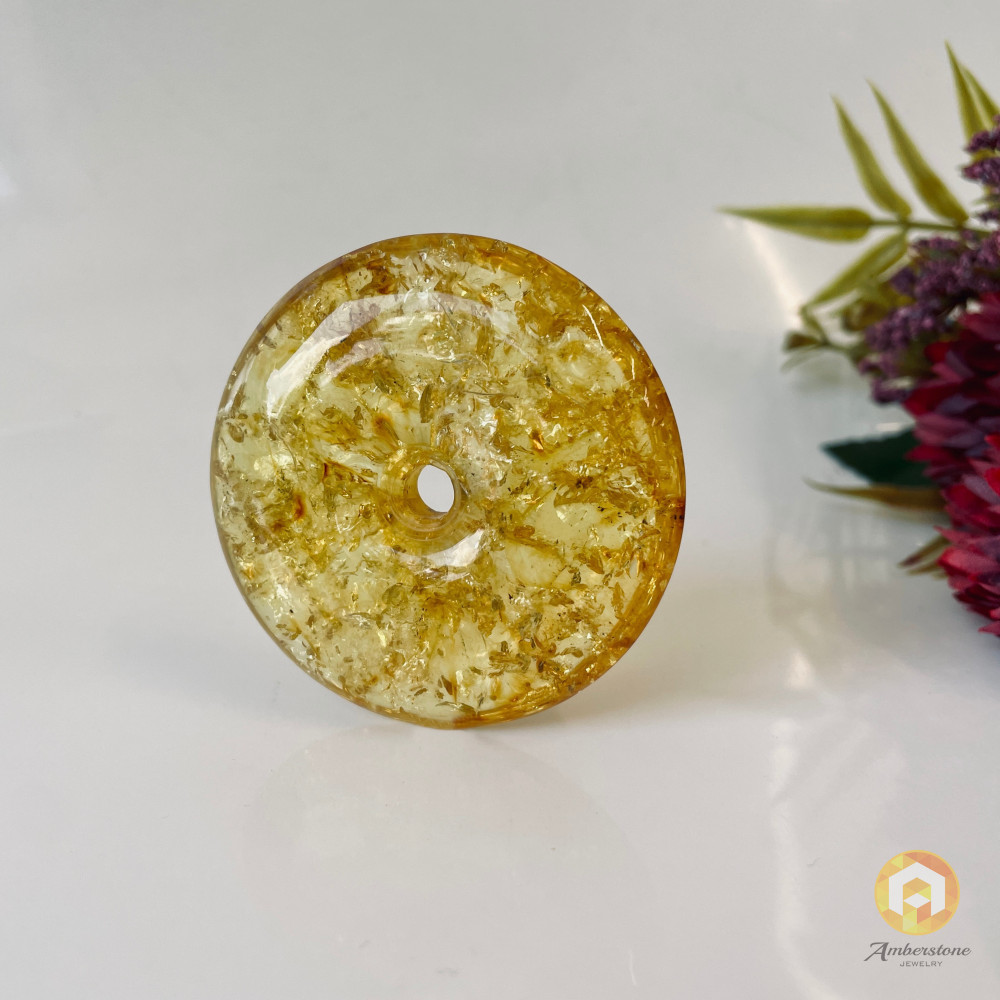 Yellow Baltic Amber Donut Pendant, Light Cognac Amber with Inclusion