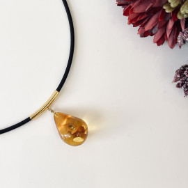 NEW Cognac Baltic Amber Tear Drop Pendant, Natural Amber Necklace on Leather Cord