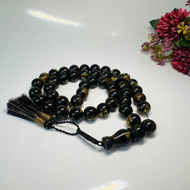 Green Black Round Amber Prayer Beads, Natural Baltic Amber