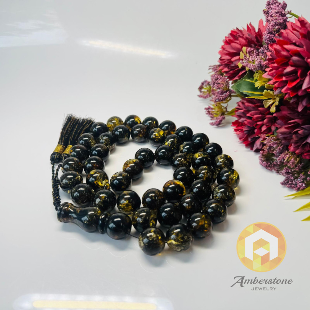 Green Black Round Amber Prayer Beads, Natural Baltic Amber