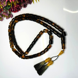Green Black Baltic Amber Misbaha, Natural Barrel Beads with Plant Inclusions