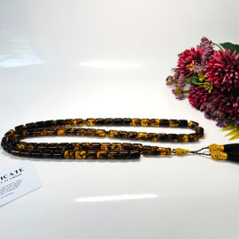 Green Black Baltic Amber Misbaha, Natural Barrel Beads with Plant Inclusions