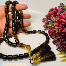 Green Black Baltic Amber Misbaha, Natural Barrel Beads with Plant Inclusions