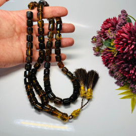 Green Black Baltic Amber Misbaha, Natural Barrel Beads with Plant Inclusions