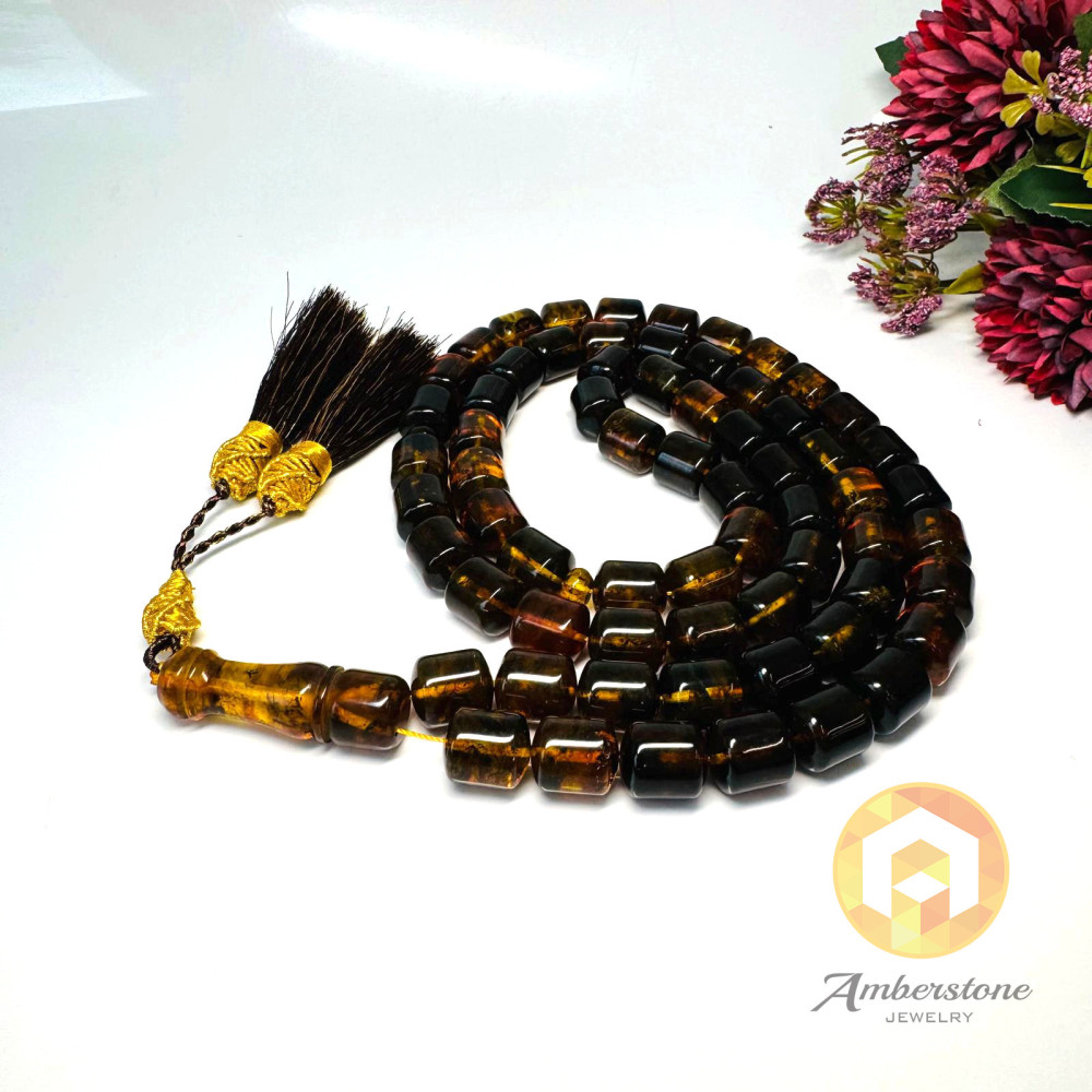 Green Black Baltic Amber Misbaha, Natural Barrel Beads with Plant Inclusions