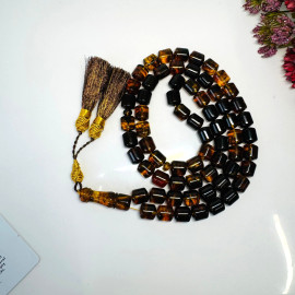 Green Black Baltic Amber Misbaha, Natural Barrel Beads with Plant Inclusions